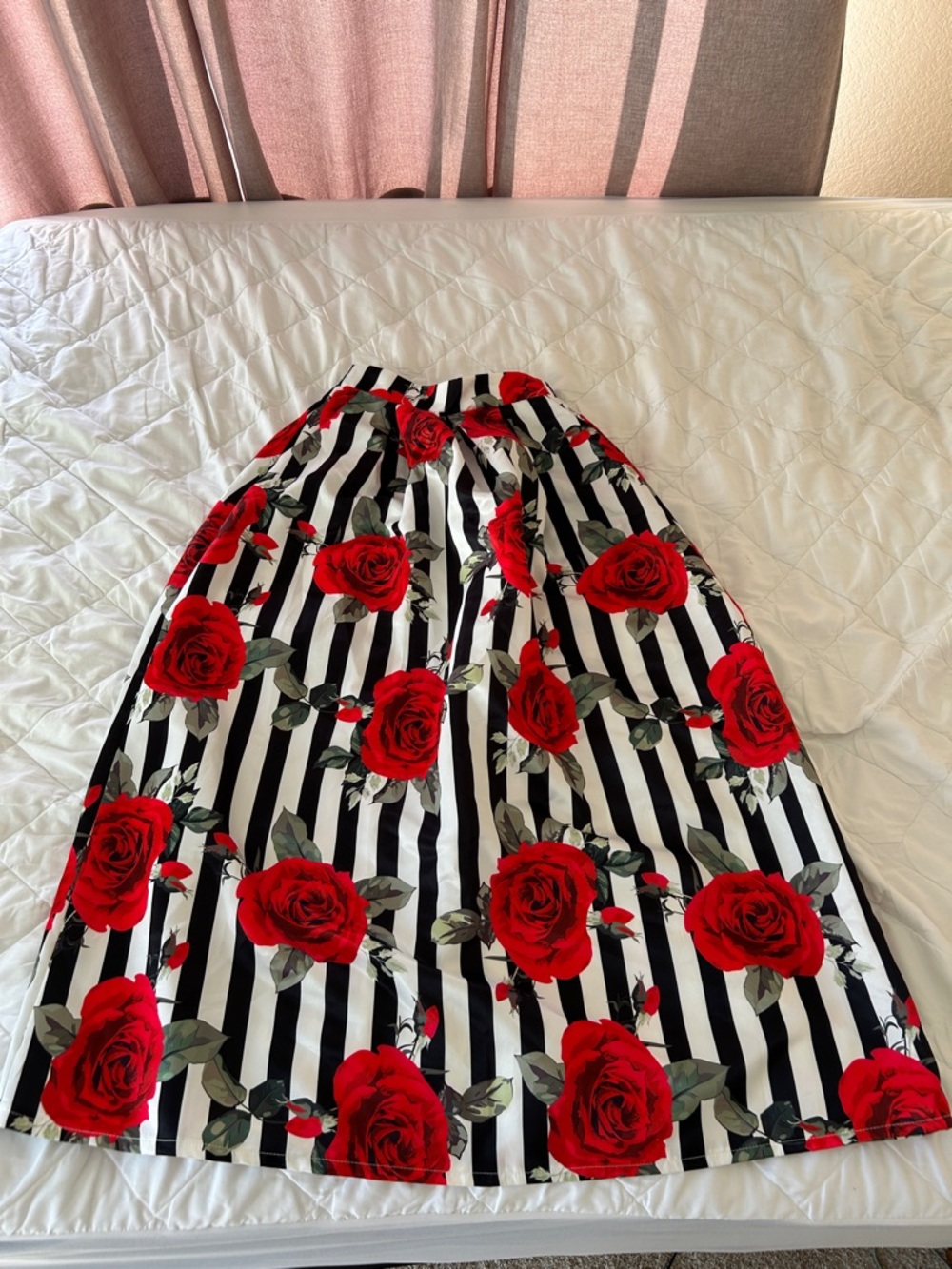 Red Rose Print Black & White Striped Maxi Skirt Beetlejuice vibes
